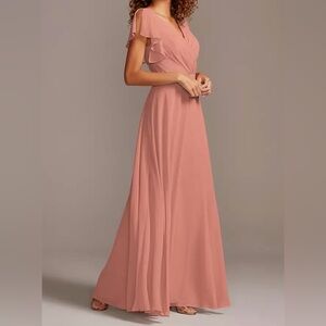 Davids Bridal | Maxi Bridesmaid Dress Flutter Sleeve | Desert Coral Pink | Sz 0
